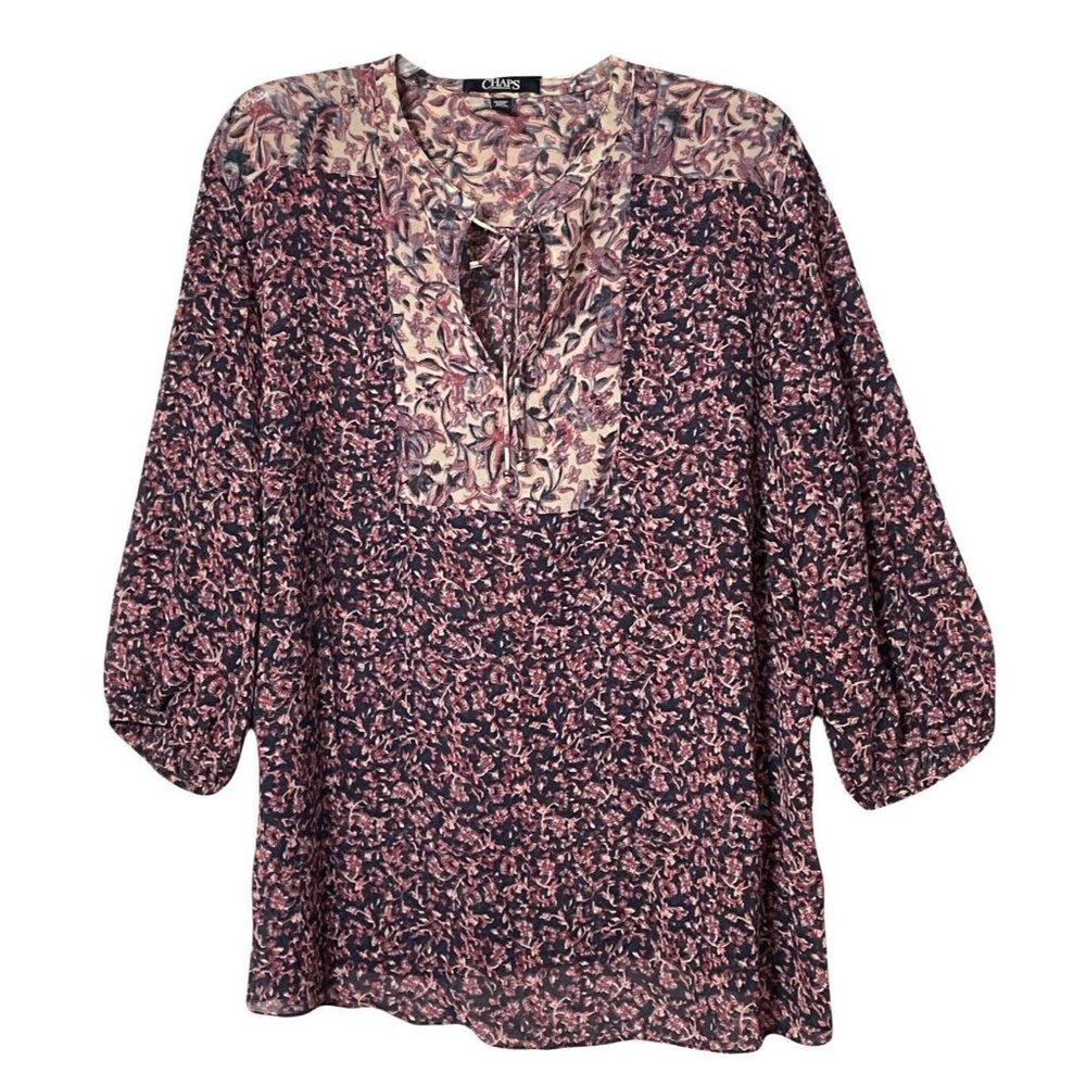 Chaps Ralph Lauren Womens Blouse Plus Size 3X Boho Floral Prairie Neck Tie 3/4 S